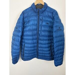 Outdoor Research Transcendent Sweater Jacket Mens Large Blue Down Puffer Flaws